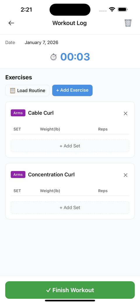 FitnessLog workout log with exercises and sets