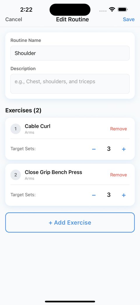 FitnessLog routine editor