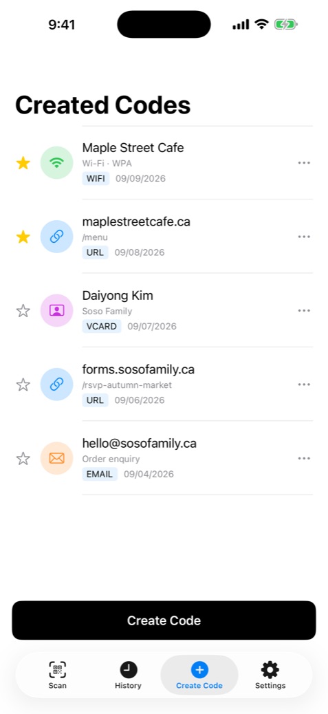 Qrra list of created codes: Wi-Fi, website link, contact card and email