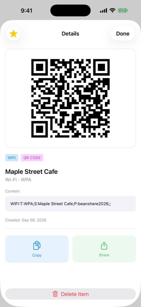 Qrra code detail for a café Wi-Fi QR code with copy and share buttons