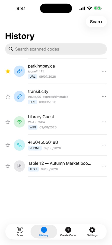Qrra scan history with links, Wi-Fi, phone number and text