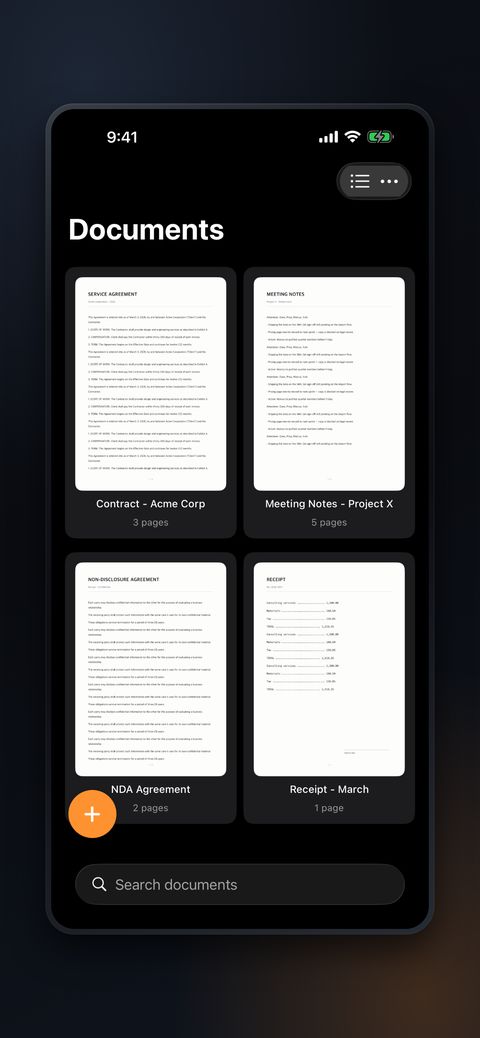 Scanory document grid with scanned PDFs
