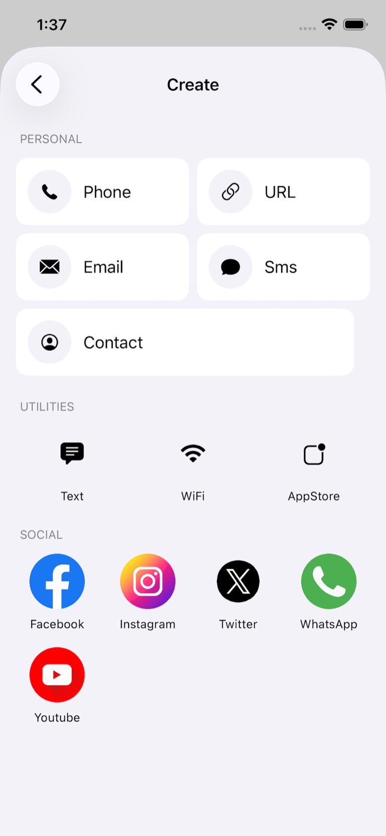 Qrra create screen on iPhone — generate QR codes for URL, Wi-Fi, contact card, email, SMS, and social links