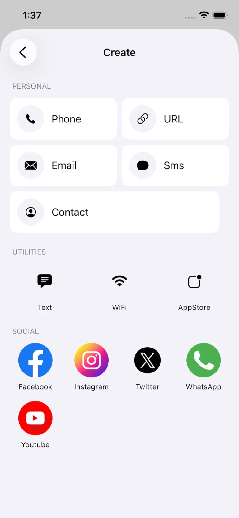 Qrra create screen on iPhone — generate QR codes for URL, Wi-Fi, contact card, email, SMS, and social links
