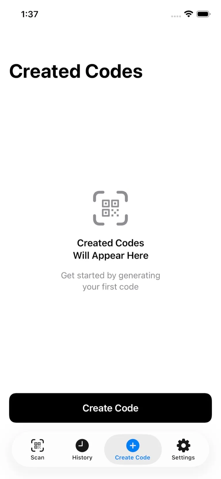 Qrra QR code app home screen on iPhone — Scan, History, Create Code, and Settings tabs