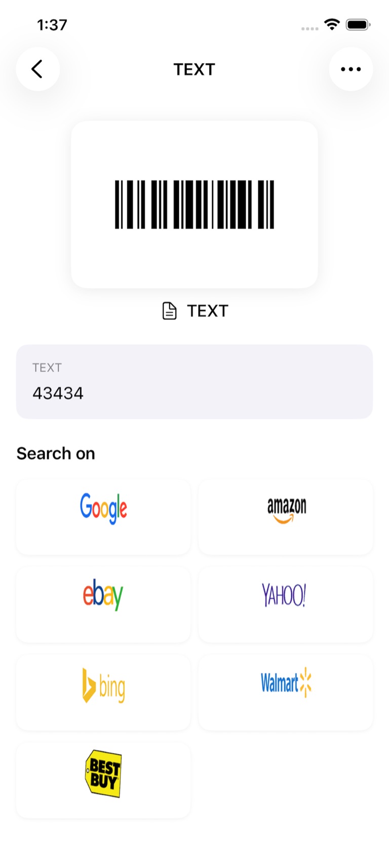 Qrra scan result on iPhone showing a decoded code with quick search options