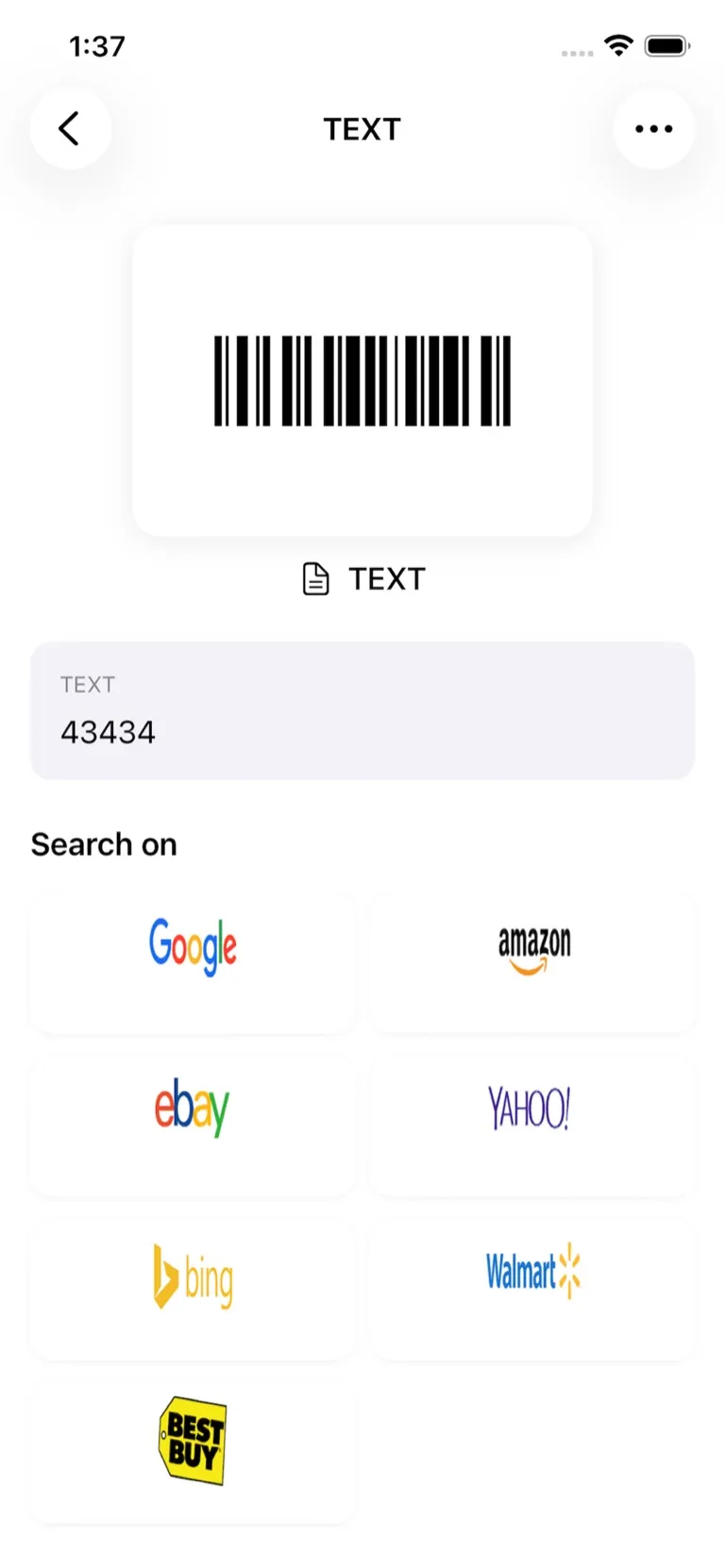Qrra scan result on iPhone showing a decoded code with quick search options