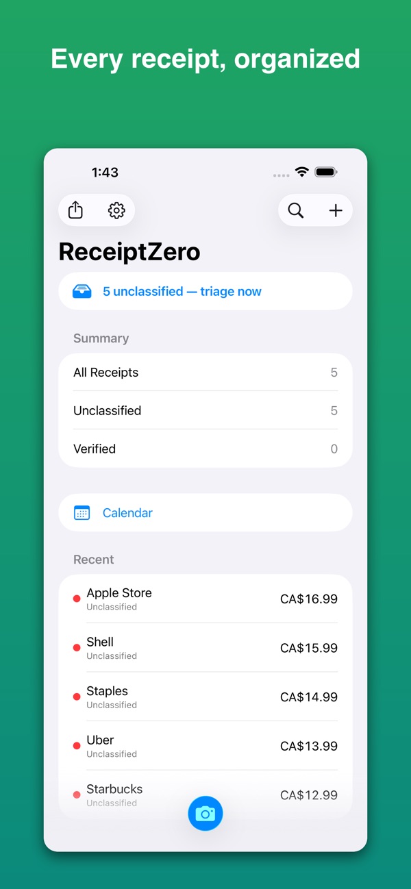 ReceiptZero dashboard on iPhone showing organized receipts — a summary of all, unclassified, and verified receipts, plus a recent list with vendor names and totals