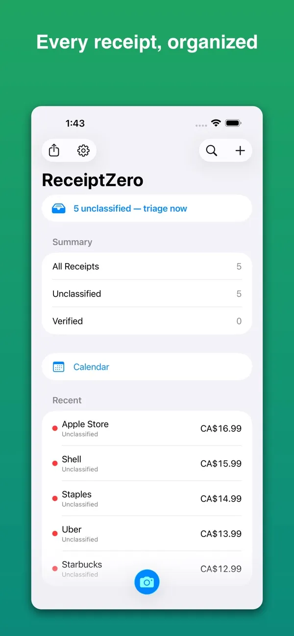 ReceiptZero dashboard on iPhone showing organized receipts — a summary of all, unclassified, and verified receipts, plus a recent list with vendor names and totals