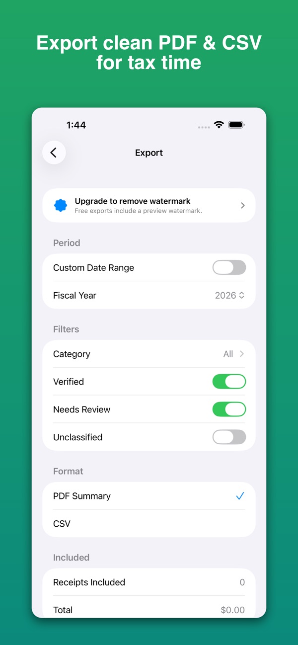 ReceiptZero export screen — generating an audit-ready PDF or CSV of receipts for tax filing