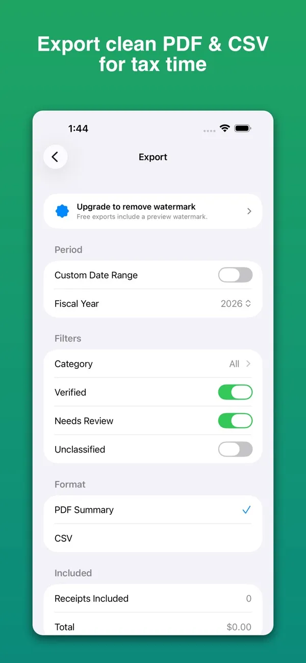 ReceiptZero export screen — generating an audit-ready PDF or CSV of receipts for tax filing