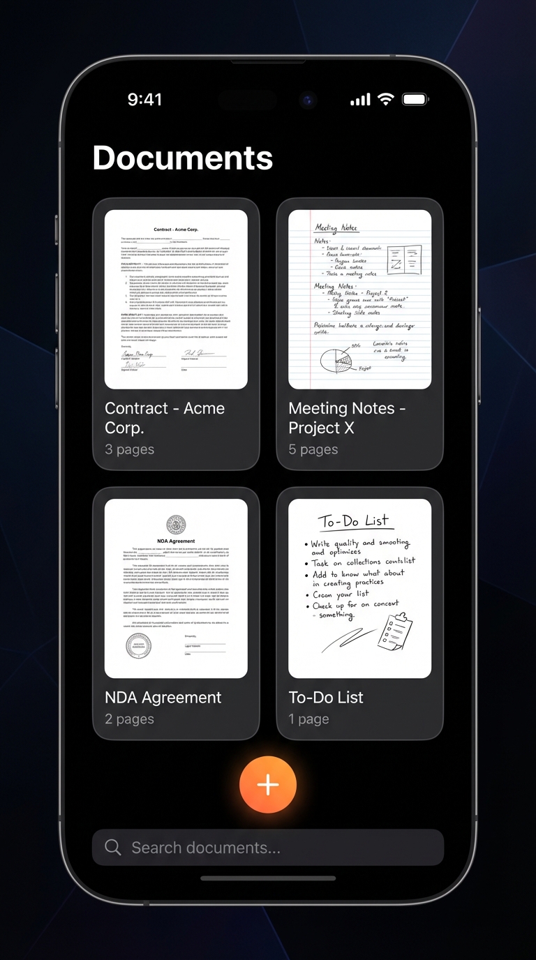 Scanory app on iPhone showing organized document folders — Contract, Meeting Notes, NDA Agreement, To-Do List