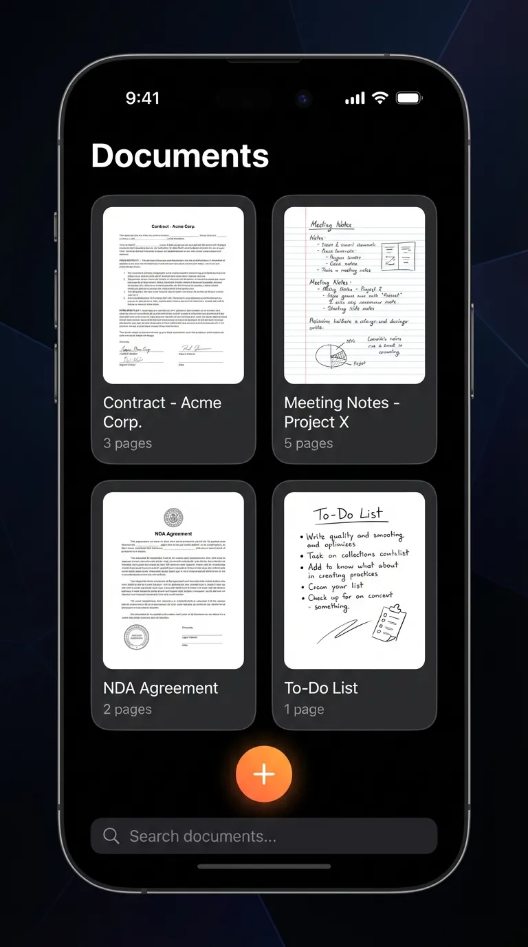 Scanory app on iPhone showing organized document folders — Contract, Meeting Notes, NDA Agreement, To-Do List