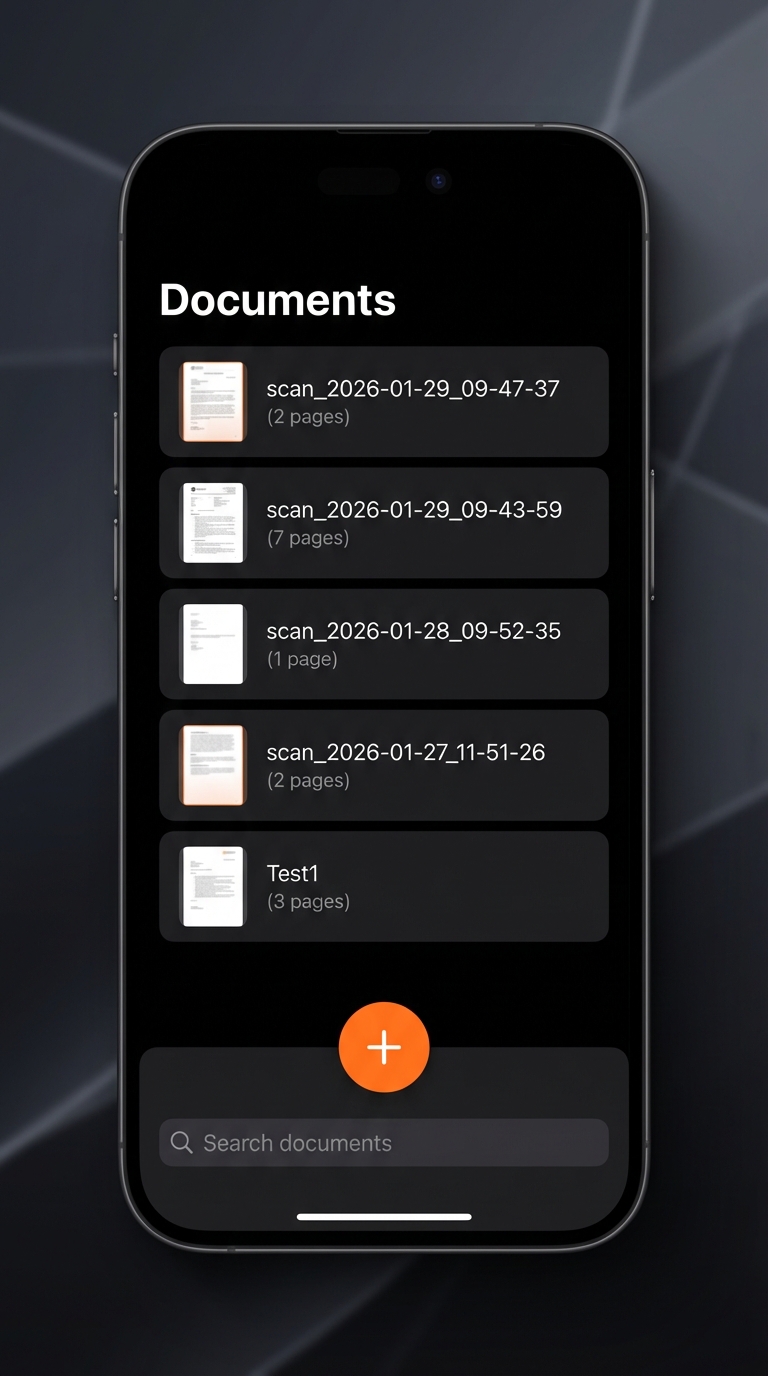 Scanory document list view on iPhone — multi-page scanned PDFs organized chronologically