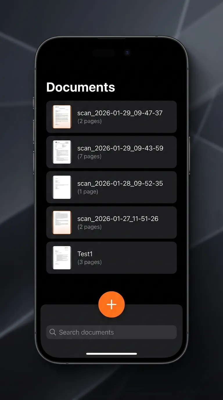 Scanory document list view on iPhone — multi-page scanned PDFs organized chronologically